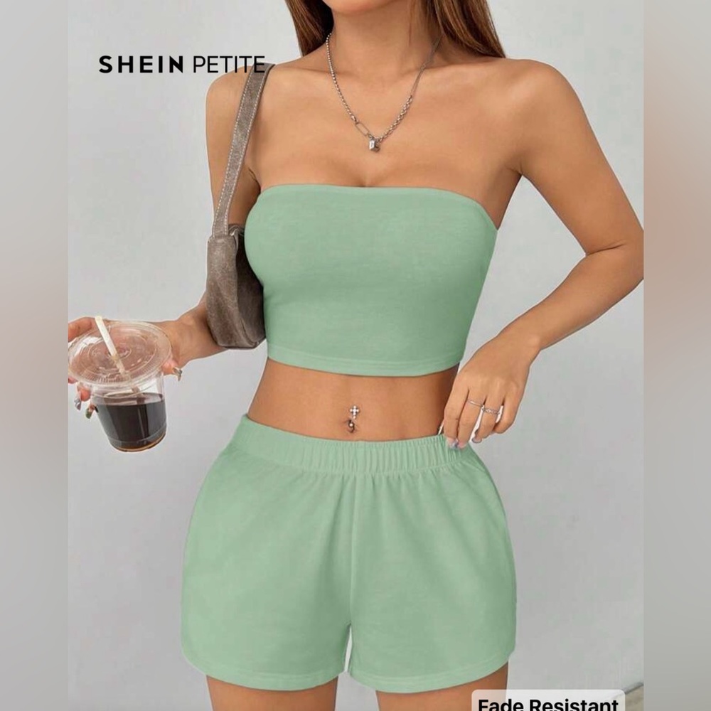 SHEIN Mint Green Strapless Top and Shorts Set
